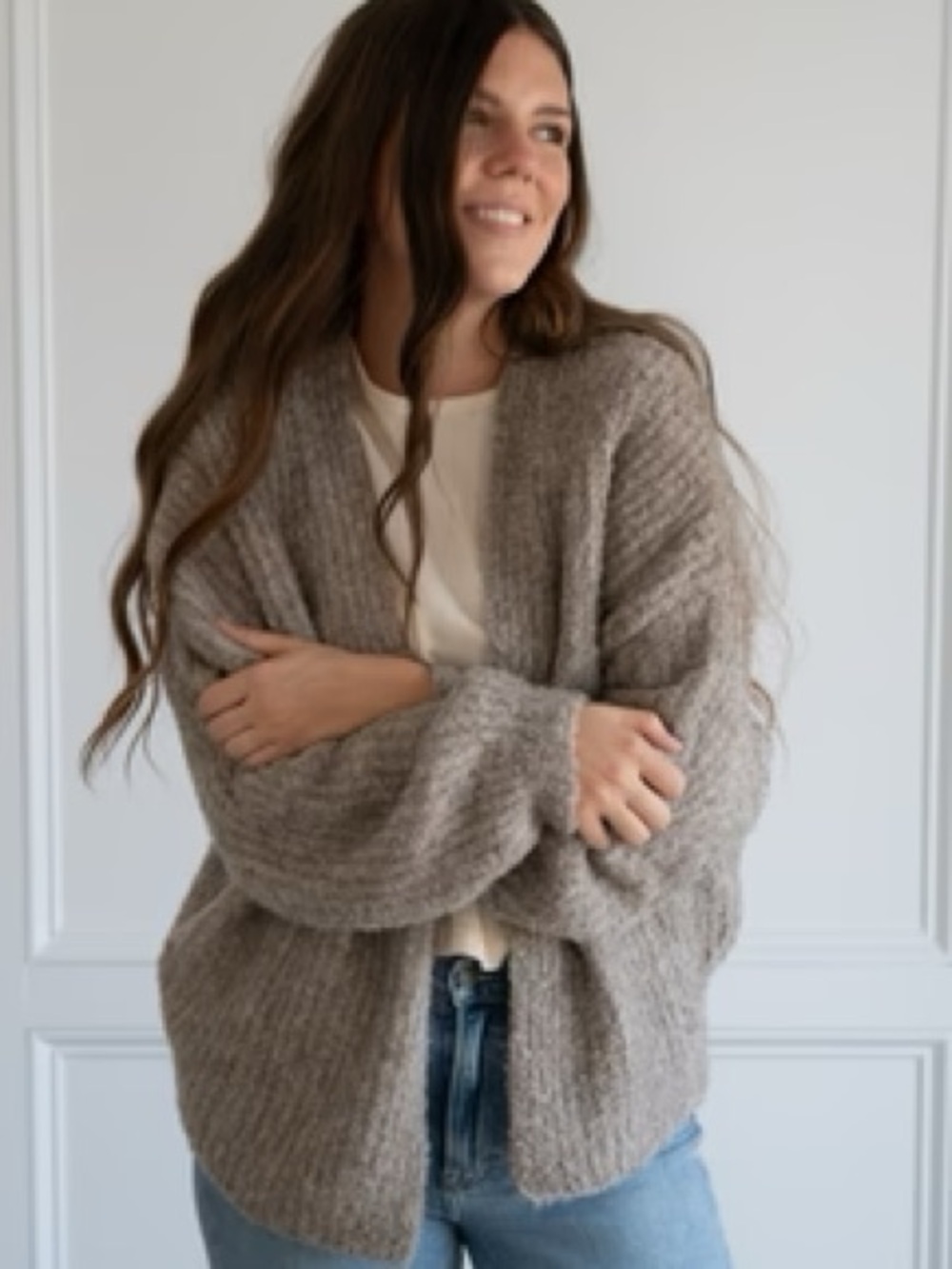 NWOT NEUFLORA Open-Front Taupe Chunky Knit Cardigan Sweater